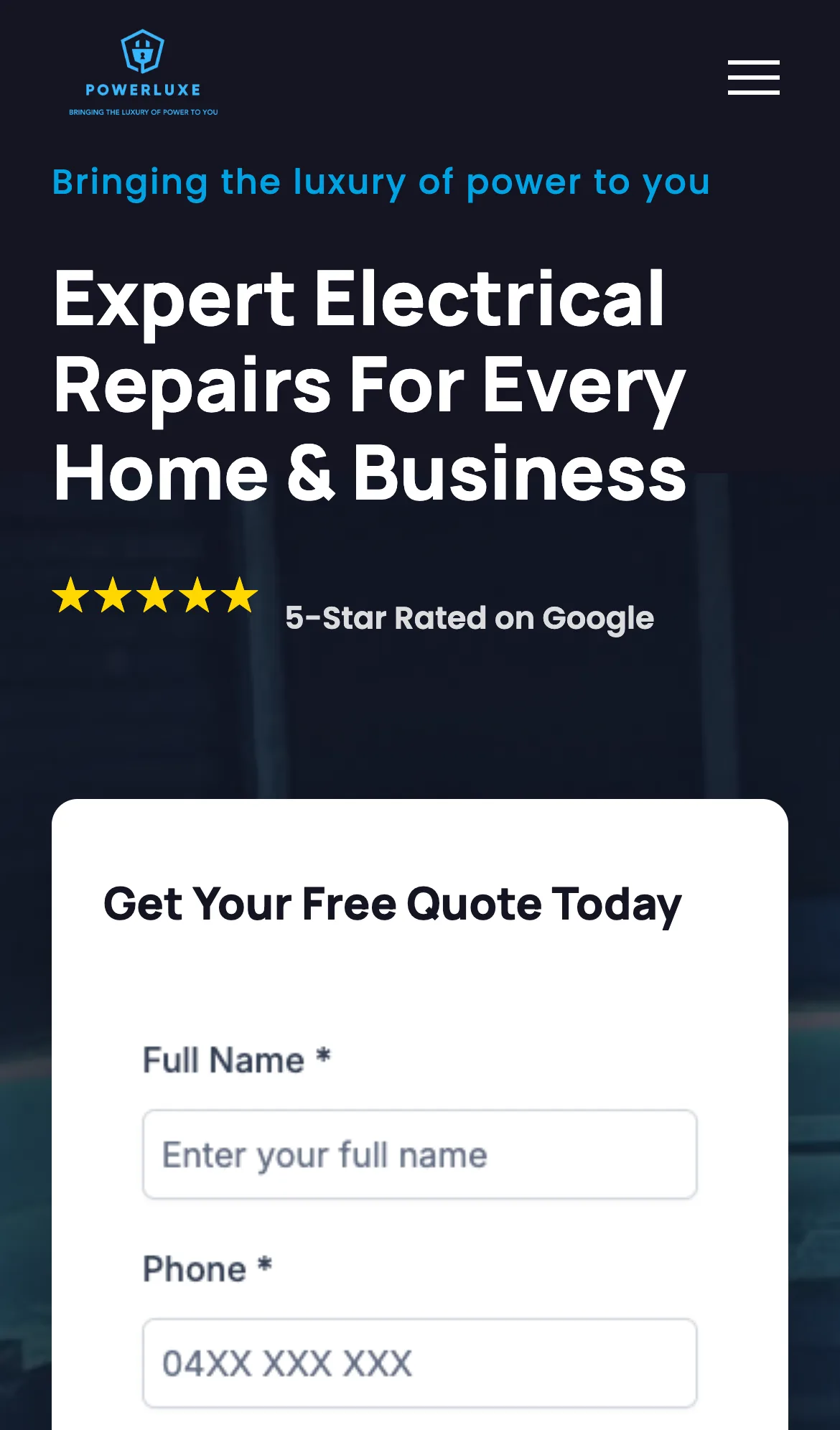 Powerluxe Electrical website, hosted by Syntra